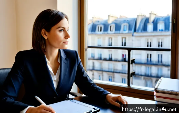 법률 자문가의 경력 개발 체크리스트 - Photorealistic French legal career development scene, confident mid-career legal adviser in professi...