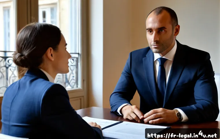 법률 자문가의 법적 분쟁 해결법 - Photorealistic French legal advisor in a tailored navy suit calmly mediating a civil dispute between...